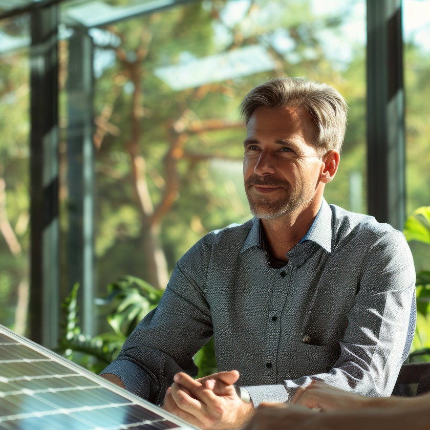 Grinsender Mann vor einem Solarpanel
