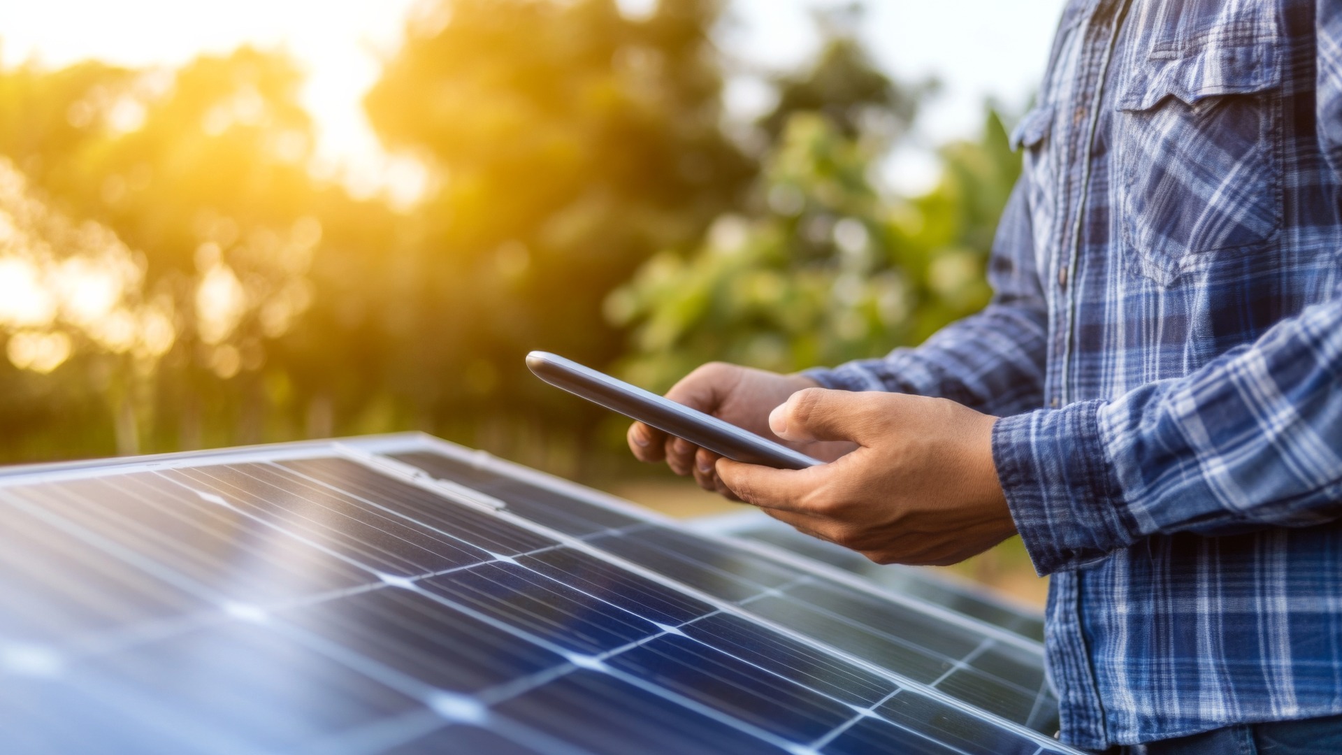 Mann mit iPad steht vor Solarmodul
